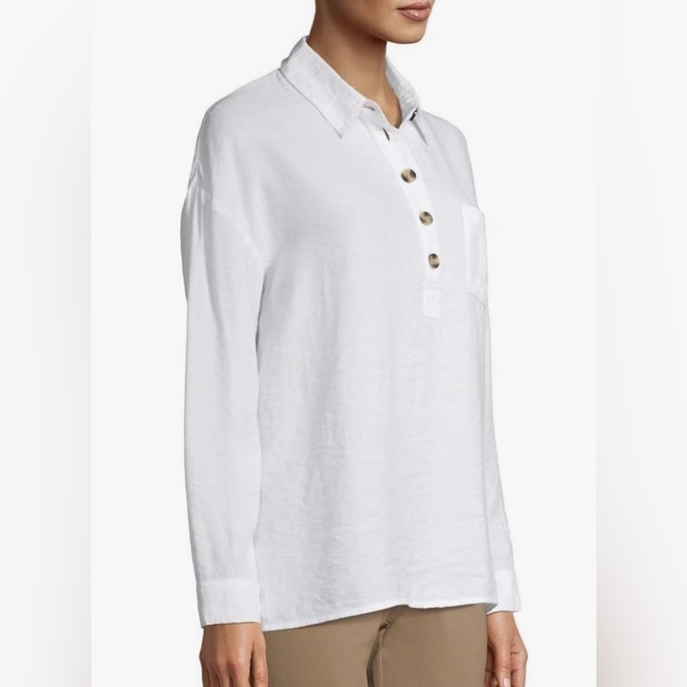 Time and Tru|White Long Tunic Button Down Blouse, Beachy Vibes•••Size Small,NWT